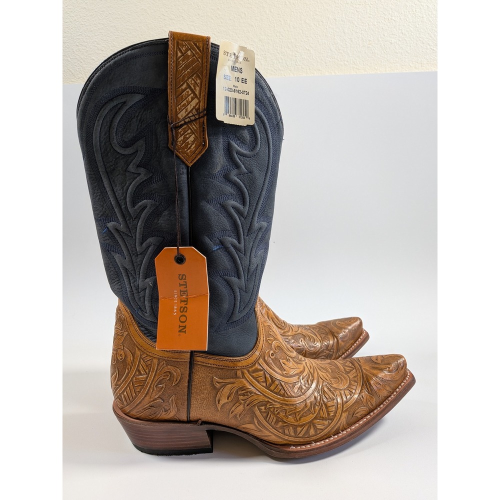 Stetson Men's Navy Tan Floral Tooled Leather Cowboy Boots 10 EE 12-020-6162-0724